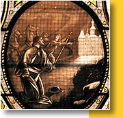 Vitraux de B&eacute;tharram - Mrg Maiti &eacute;v&ecirc;que d'Oloron passant la nuit est surpris &agrave; la vue d'une lumi&egrave;re &eacute;blouissante